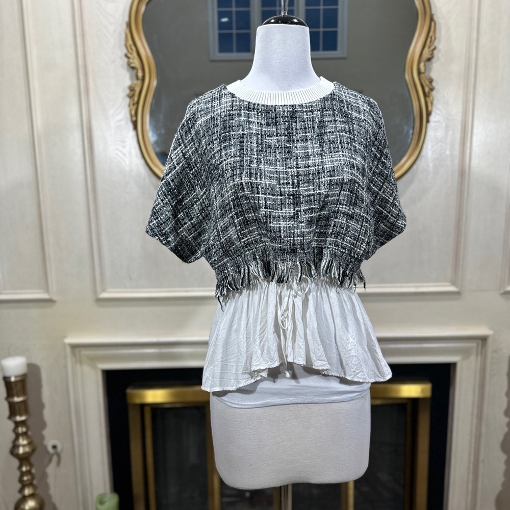 J. Roberts‎ Women’s Top L Tweed Knit Fringe Hem Layered Look Black White